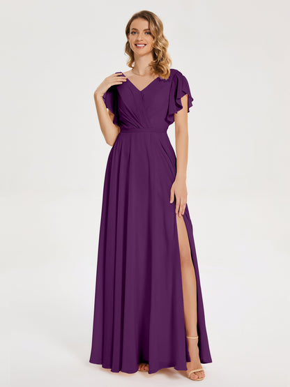 Kate V-neck Pleats Chiffon Bridesmaid Dress with Ruffles