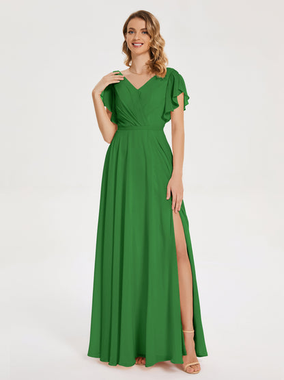Kate V-neck Pleats Chiffon Bridesmaid Dress with Ruffles