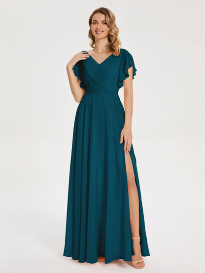 Kate V-neck Pleats Chiffon Bridesmaid Dress with Ruffles