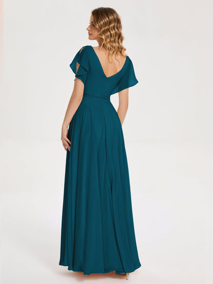 Kate V-neck Pleats Chiffon Bridesmaid Dress with Ruffles