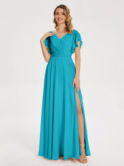 Kate V-neck Pleats Chiffon Bridesmaid Dress with Ruffles
