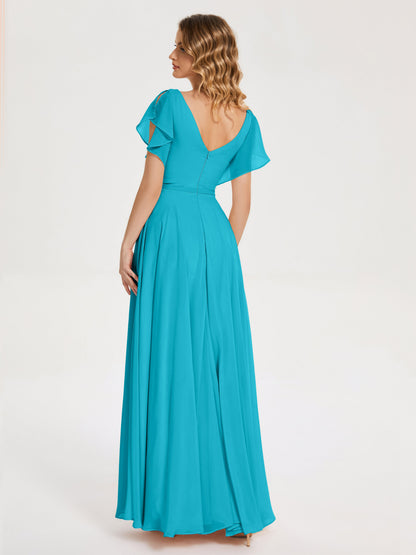Kate V-neck Pleats Chiffon Bridesmaid Dress with Ruffles