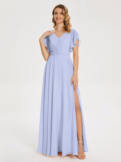 Kate V-neck Pleats Chiffon Bridesmaid Dress with Ruffles