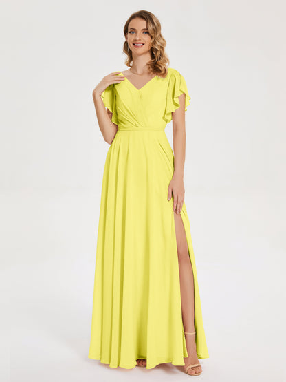 Kate V-neck Pleats Chiffon Bridesmaid Dress with Ruffles