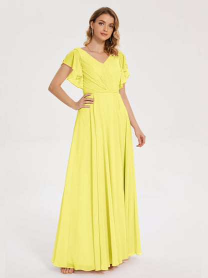 Kate V-neck Pleats Chiffon Bridesmaid Dress with Ruffles