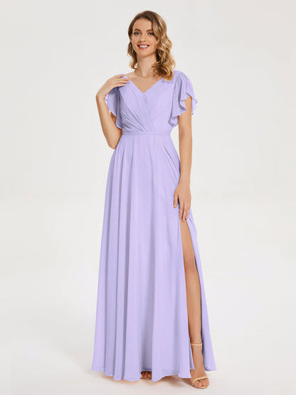 Kate V-neck Pleats Chiffon Bridesmaid Dress with Ruffles