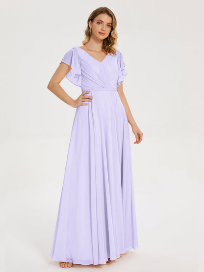 Kate V-neck Pleats Chiffon Bridesmaid Dress with Ruffles