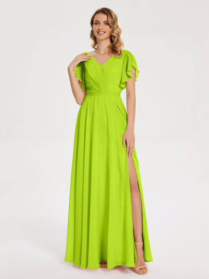 Kate V-neck Pleats Chiffon Bridesmaid Dress with Ruffles