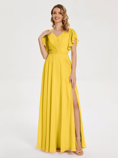 Kate V-neck Pleats Chiffon Bridesmaid Dress with Ruffles