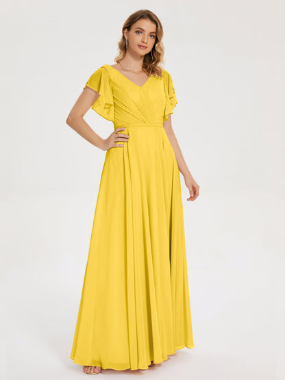 Kate V-neck Pleats Chiffon Bridesmaid Dress with Ruffles