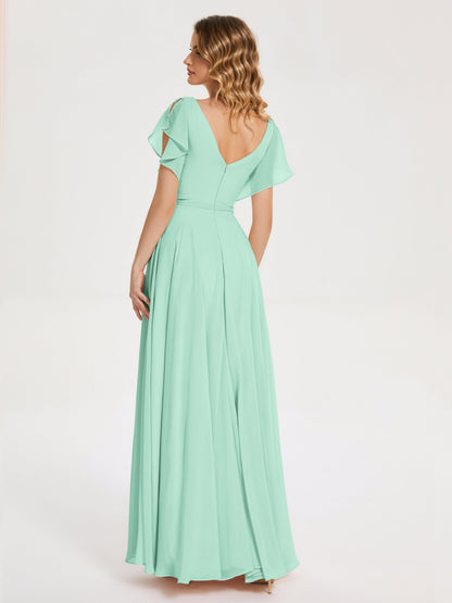 Kate V-neck Pleats Chiffon Bridesmaid Dress with Ruffles