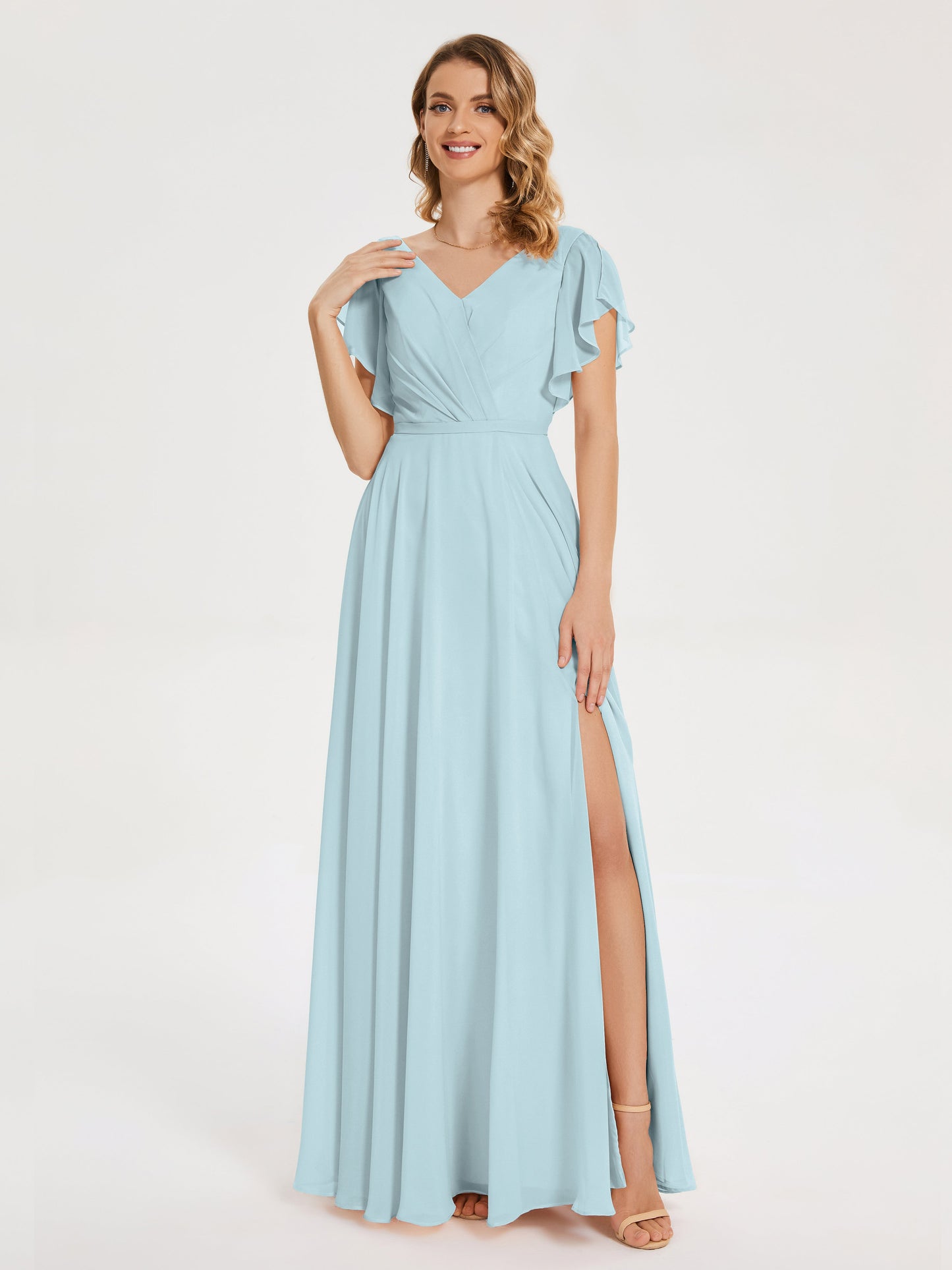 Kate V-neck Pleats Chiffon Bridesmaid Dress with Ruffles