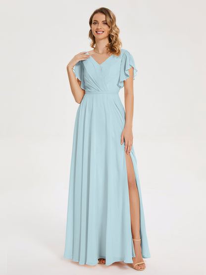 Kate V-neck Pleats Chiffon Bridesmaid Dress with Ruffles