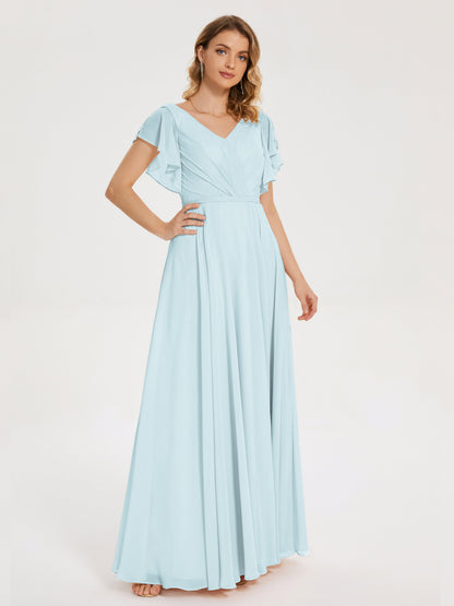 Kate V-neck Pleats Chiffon Bridesmaid Dress with Ruffles