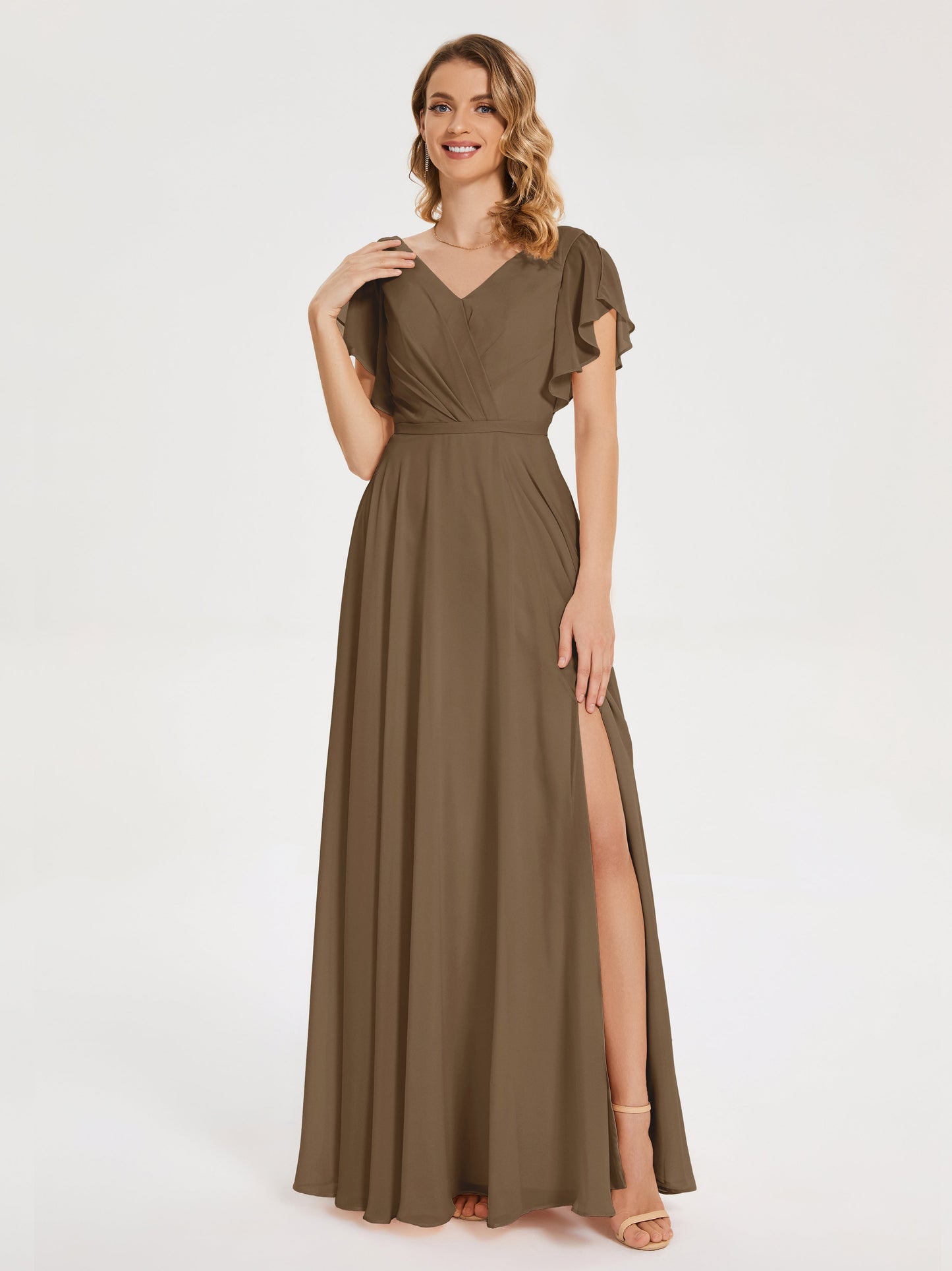 Kate V-neck Pleats Chiffon Bridesmaid Dress with Ruffles