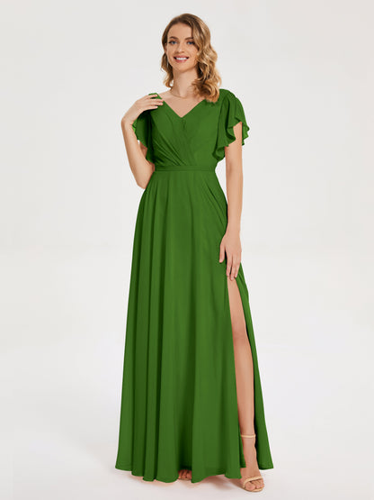 Kate V-neck Pleats Chiffon Bridesmaid Dress with Ruffles