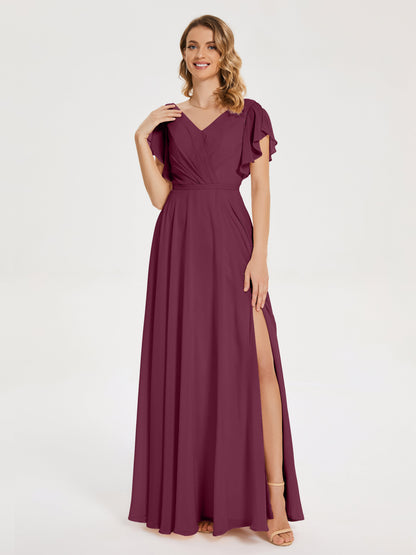 Kate V-neck Pleats Chiffon Bridesmaid Dress with Ruffles