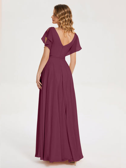 Kate V-neck Pleats Chiffon Bridesmaid Dress with Ruffles