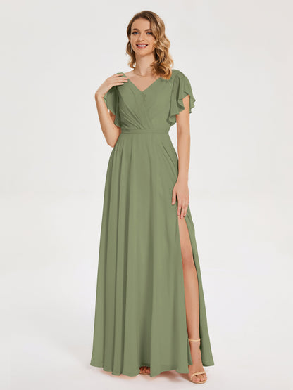 Kate V-neck Pleats Chiffon Bridesmaid Dress with Ruffles