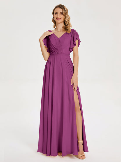 Kate V-neck Pleats Chiffon Bridesmaid Dress with Ruffles
