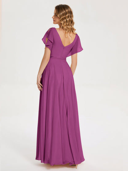 Kate V-neck Pleats Chiffon Bridesmaid Dress with Ruffles