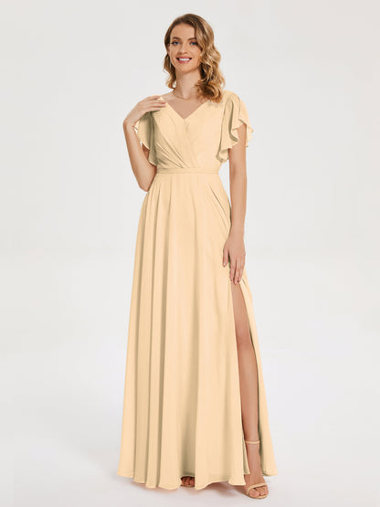 Kate V-neck Pleats Chiffon Bridesmaid Dress with Ruffles