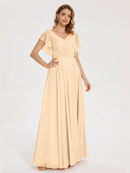 Kate V-neck Pleats Chiffon Bridesmaid Dress with Ruffles