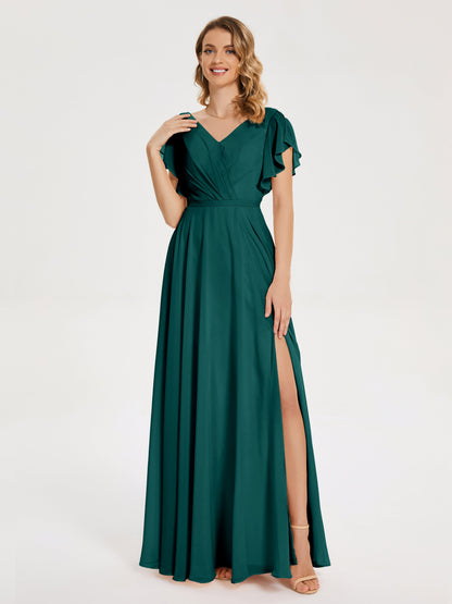 Kate V-neck Pleats Chiffon Bridesmaid Dress with Ruffles