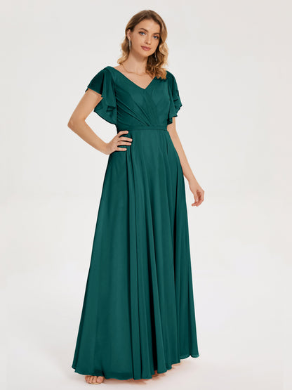 Kate V-neck Pleats Chiffon Bridesmaid Dress with Ruffles