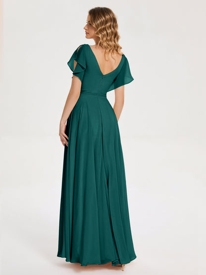 Kate V-neck Pleats Chiffon Bridesmaid Dress with Ruffles