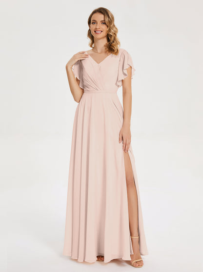 Kate V-neck Pleats Chiffon Bridesmaid Dress with Ruffles