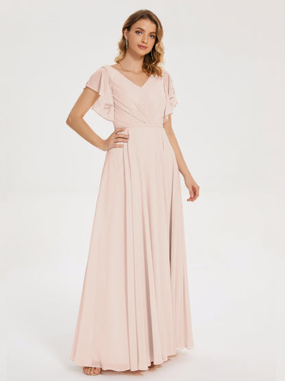 Kate V-neck Pleats Chiffon Bridesmaid Dress with Ruffles