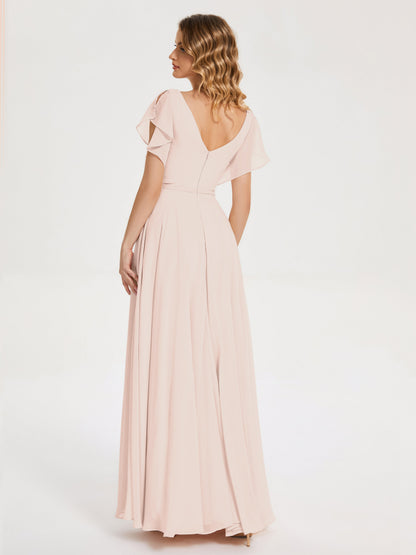 Kate V-neck Pleats Chiffon Bridesmaid Dress with Ruffles