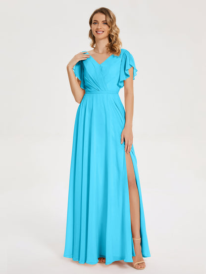 Kate V-neck Pleats Chiffon Bridesmaid Dress with Ruffles
