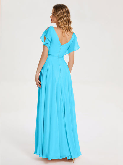 Kate V-neck Pleats Chiffon Bridesmaid Dress with Ruffles