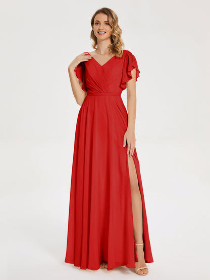Kate V-neck Pleats Chiffon Bridesmaid Dress with Ruffles