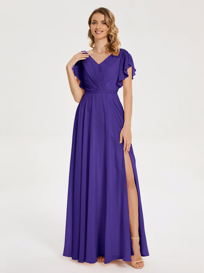 Kate V-neck Pleats Chiffon Bridesmaid Dress with Ruffles