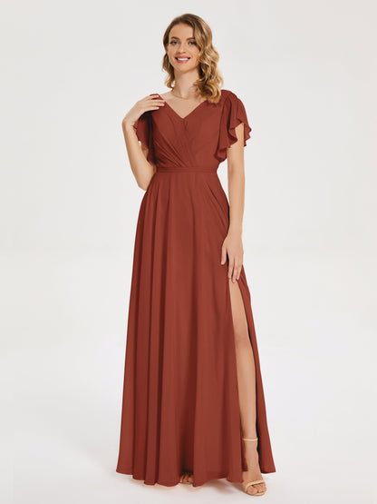 Kate V-neck Pleats Chiffon Bridesmaid Dress with Ruffles