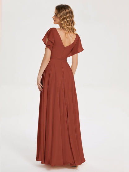 Kate V-neck Pleats Chiffon Bridesmaid Dress with Ruffles