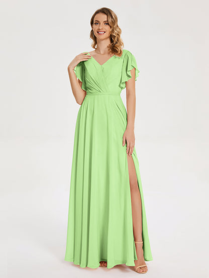 Kate V-neck Pleats Chiffon Bridesmaid Dress with Ruffles