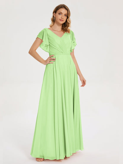Kate V-neck Pleats Chiffon Bridesmaid Dress with Ruffles