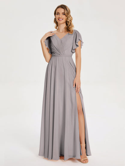 Kate V-neck Pleats Chiffon Bridesmaid Dress with Ruffles