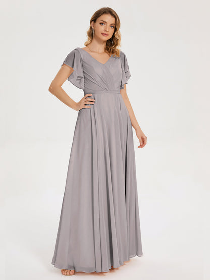 Kate V-neck Pleats Chiffon Bridesmaid Dress with Ruffles