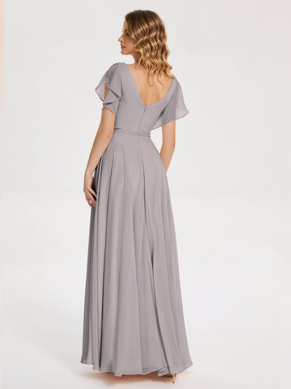 Kate V-neck Pleats Chiffon Bridesmaid Dress with Ruffles