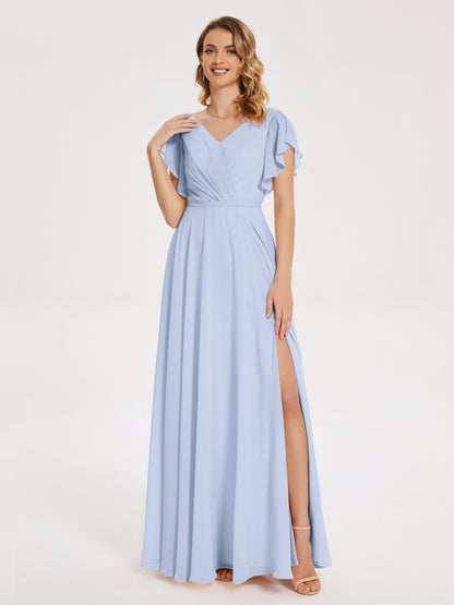 Kate V-neck Pleats Chiffon Bridesmaid Dress with Ruffles