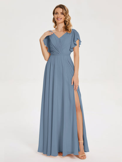 Kate V-neck Pleats Chiffon Bridesmaid Dress with Ruffles
