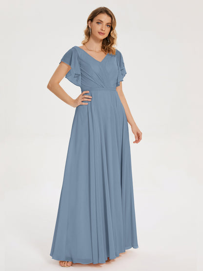 Kate V-neck Pleats Chiffon Bridesmaid Dress with Ruffles