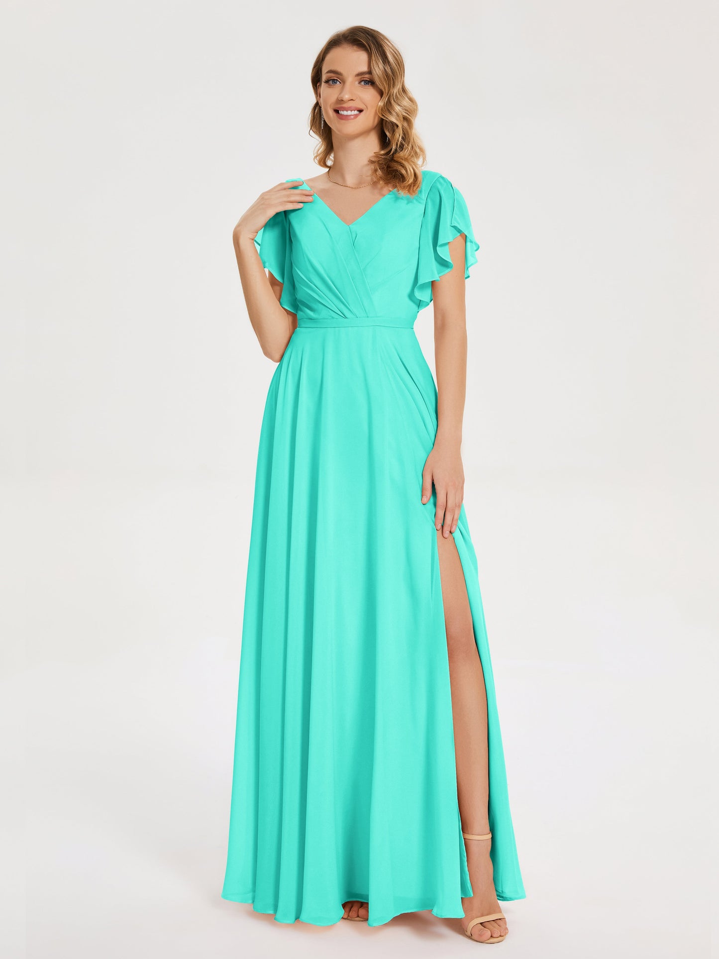 Kate V-neck Pleats Chiffon Bridesmaid Dress with Ruffles