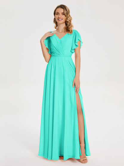 Kate V-neck Pleats Chiffon Bridesmaid Dress with Ruffles