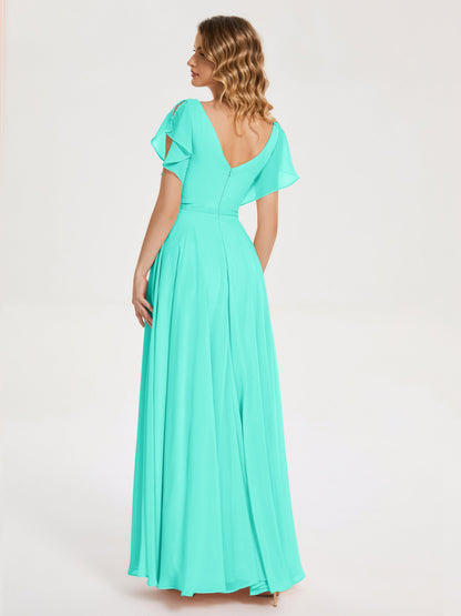 Kate V-neck Pleats Chiffon Bridesmaid Dress with Ruffles